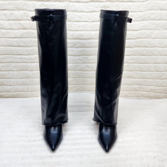 Paris Black Skirted Fold Over 3.5" Block Heel Knee High Boots - Picture 5 of 11